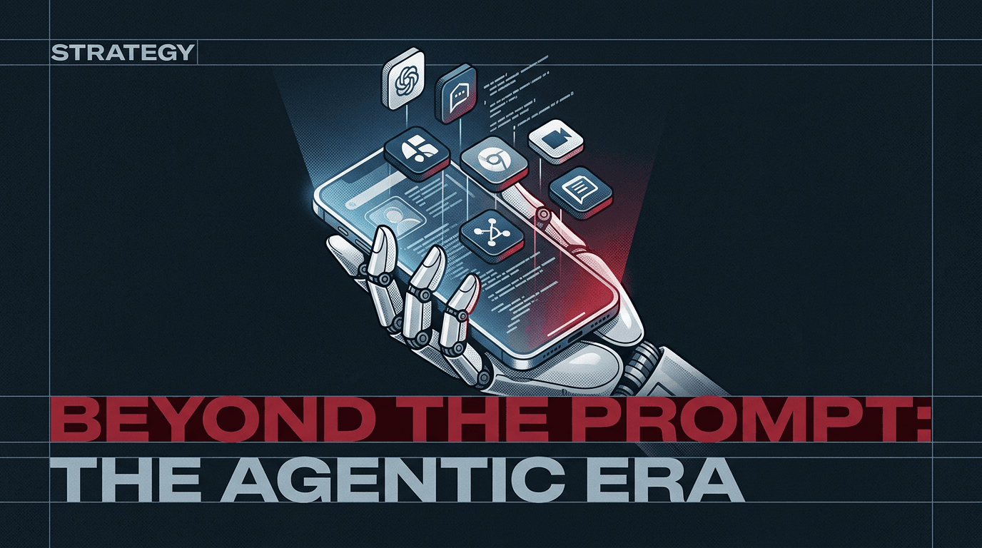 An editorial illustration showing a robotic hand managing a smartphone, symbolizing the shift to agentic AI in marketing.