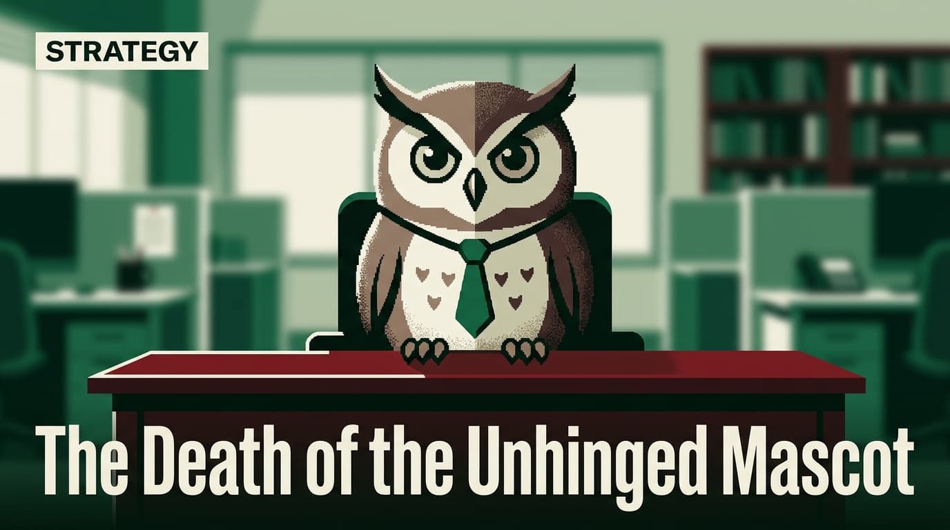 A stylized green owl mascot sitting at a professional desk, symbolizing the shift from chaotic to professional brand marketing.