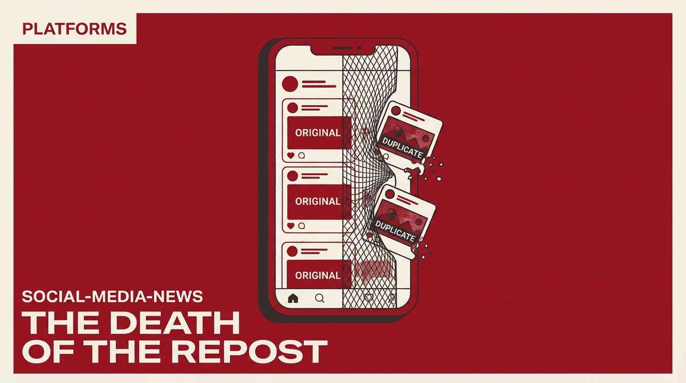 An editorial illustration showing a smartphone screen filtering out duplicate social media posts.